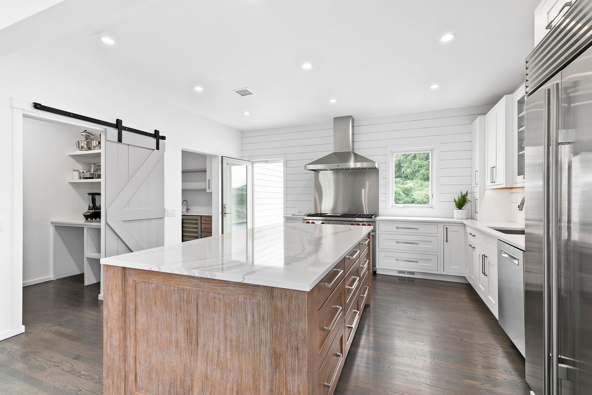Interior, Kitchen, Recessed Lighting, Stainless Steel Appliances, Wood Texture Flooring