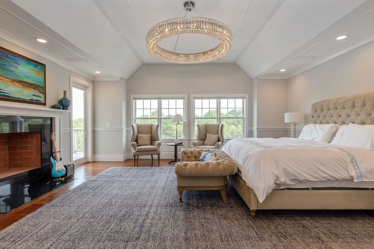 Bedroom, Fireplace, Interior, Recessed Lighting, Wood Texture Flooring