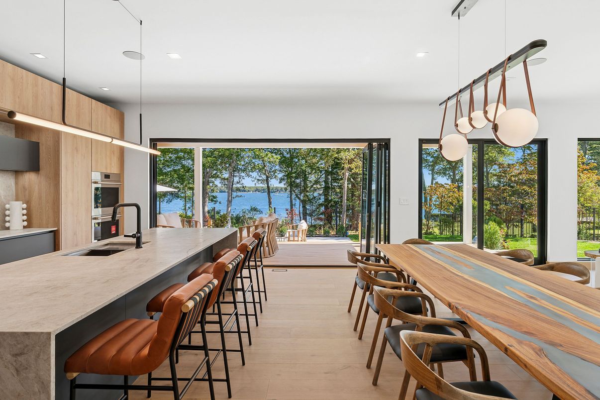 Interior, Kitchen, Pendant Lights, Recessed Lighting, Water, Wood Texture Flooring