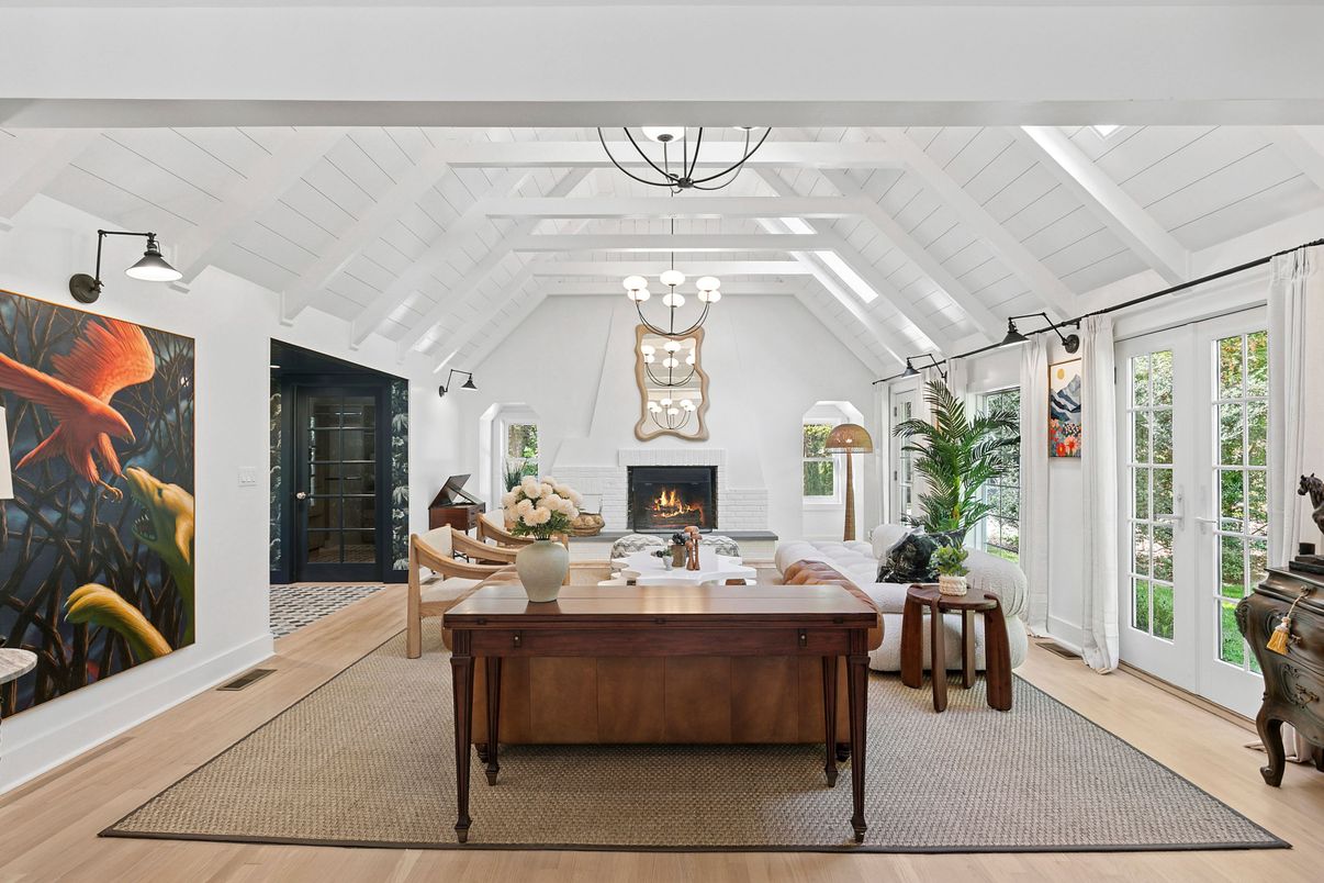 Chandelier, Fireplace, Interior, Living room, Pendant Lights, Wood Texture Flooring