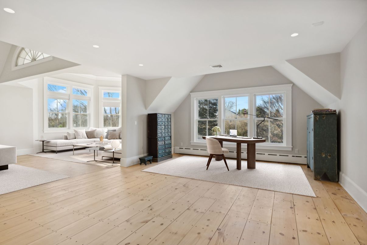 Fireplace, Home Office, Interior, Living room, Recessed Lighting, Wood Texture Flooring