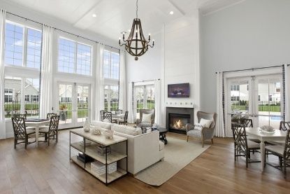 Chandelier, Dining room, Fireplace, Interior, Living room, Recessed Lighting, Wood Texture Flooring