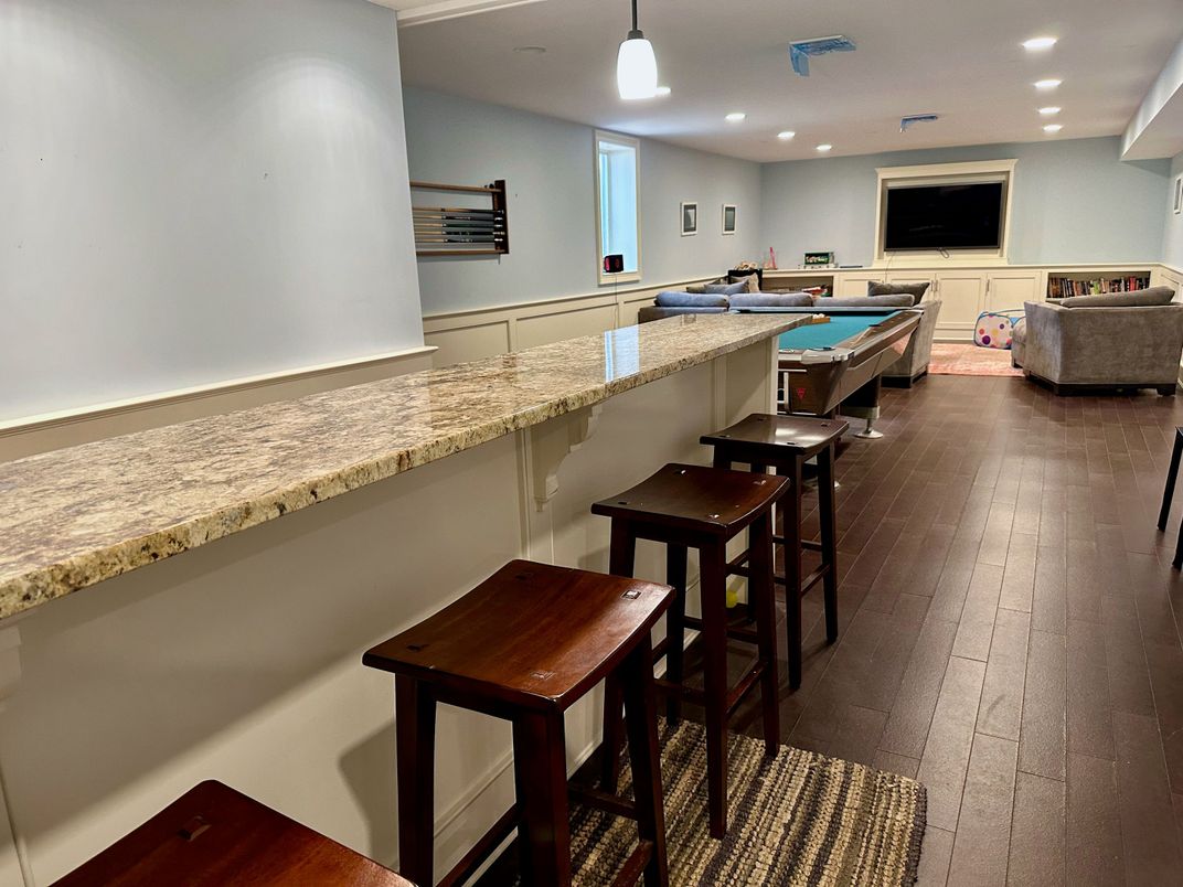 Billiard Table, Game Room, Interior, Pendant Lights, Recessed Lighting, Wood Texture Flooring
