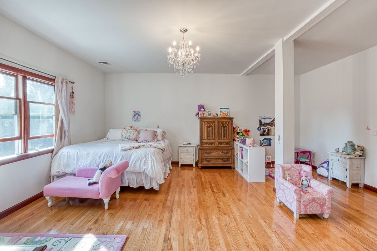 Bedroom, Chandelier, Interior, Wood Texture Flooring