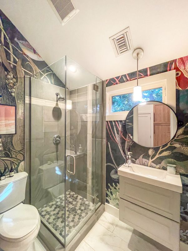 Bathroom, Glass Shower, Interior, Marble, Pendant Lights