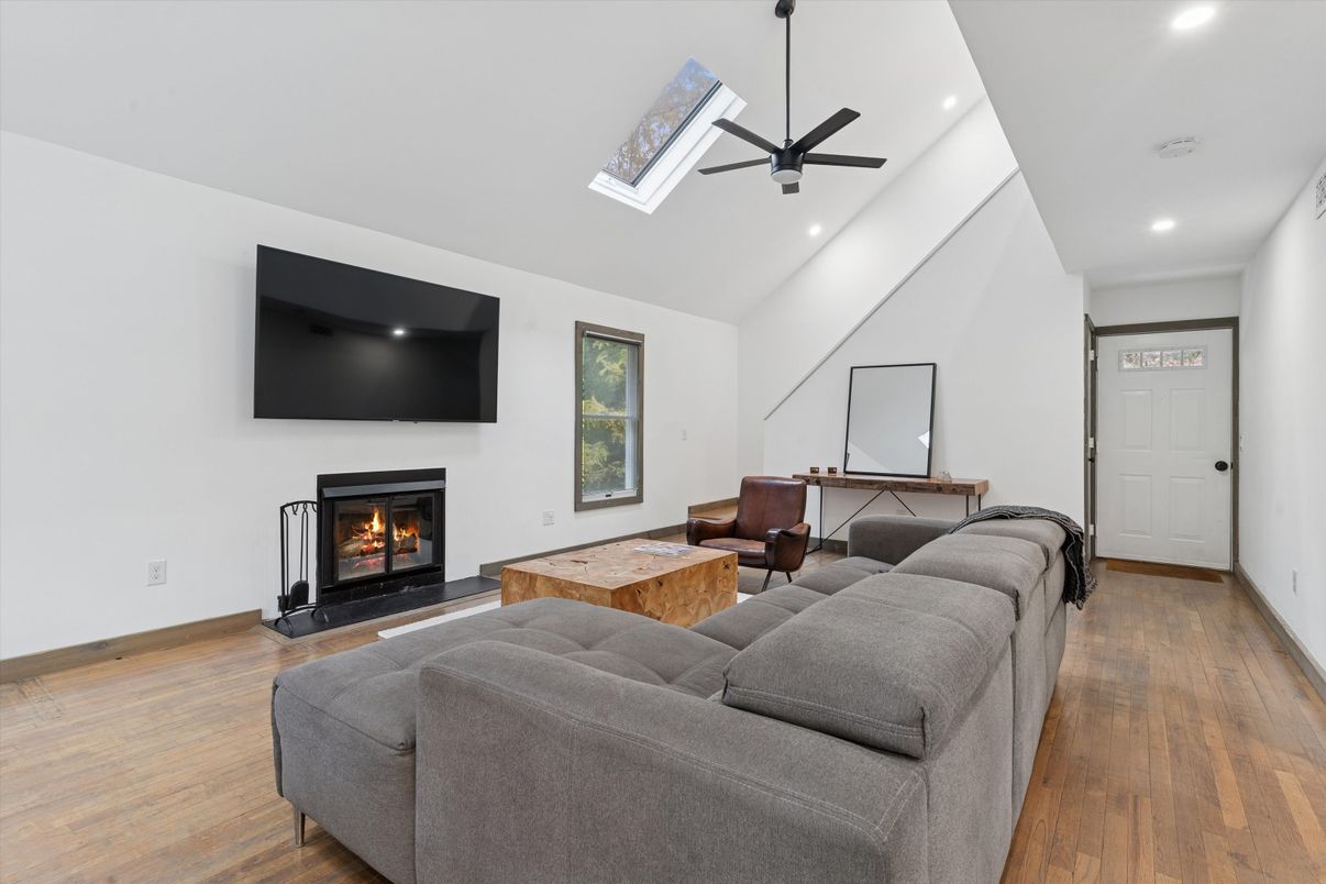 Fireplace, Interior, Living room, Recessed Lighting, Wood Texture Flooring