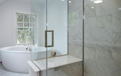 Bathroom, Free Standing Baths, Glass Shower, Interior, Marble Walls, Recessed Lighting