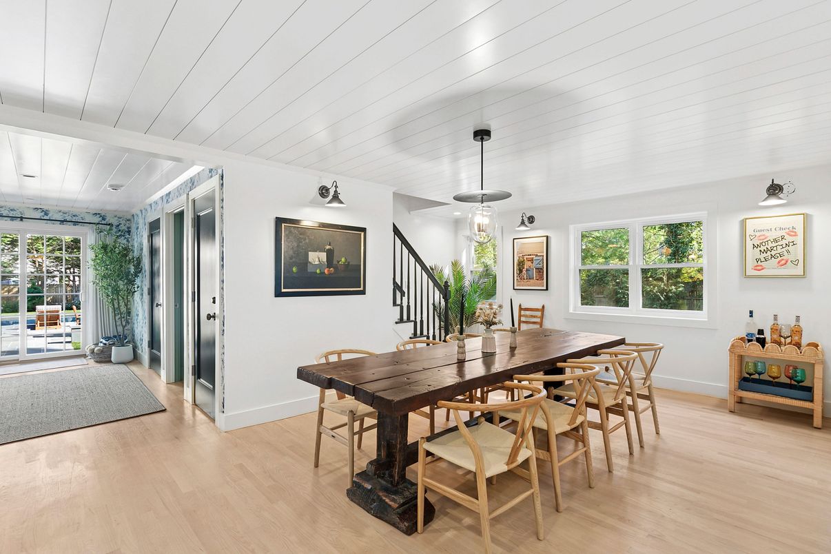 Dining room, Interior, Pendant Lights, Wood Texture Flooring