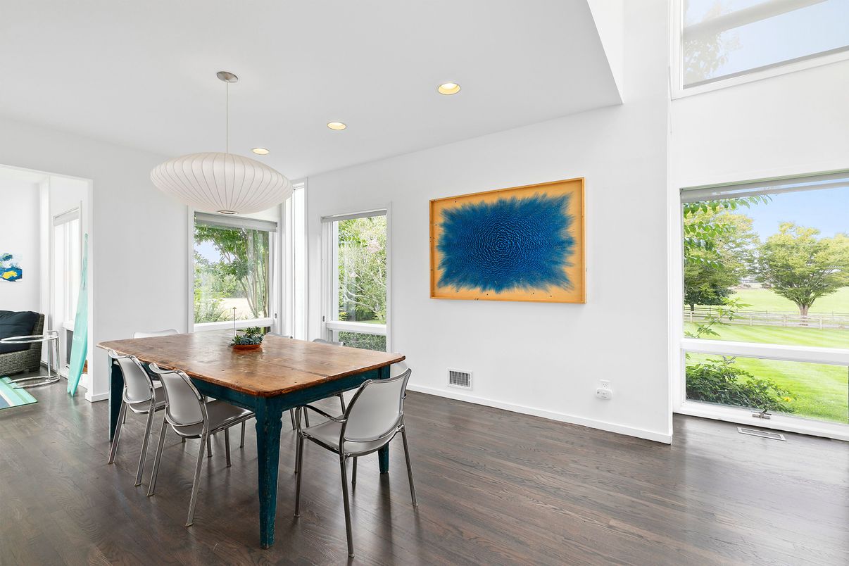 Dining room, Interior, Pendant Lights, Recessed Lighting, Wood Texture Flooring