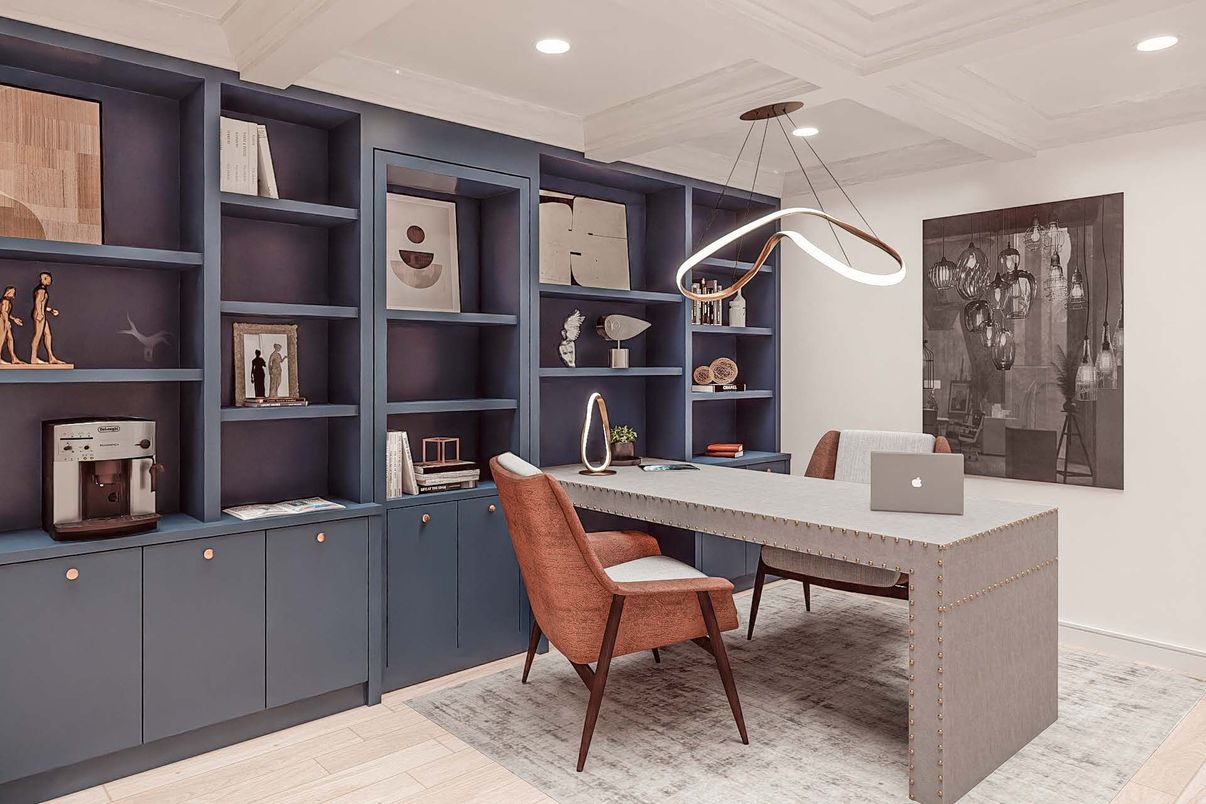 Home Office, Interior, Pendant Lights, Recessed Lighting, Wood Texture Flooring