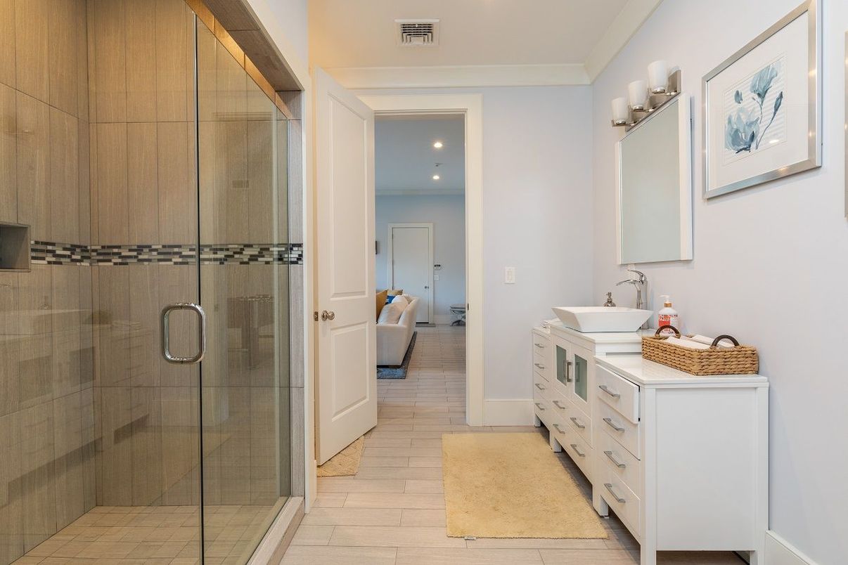 Bathroom, Dual Sink Vanities, Glass Shower, Interior, Recessed Lighting