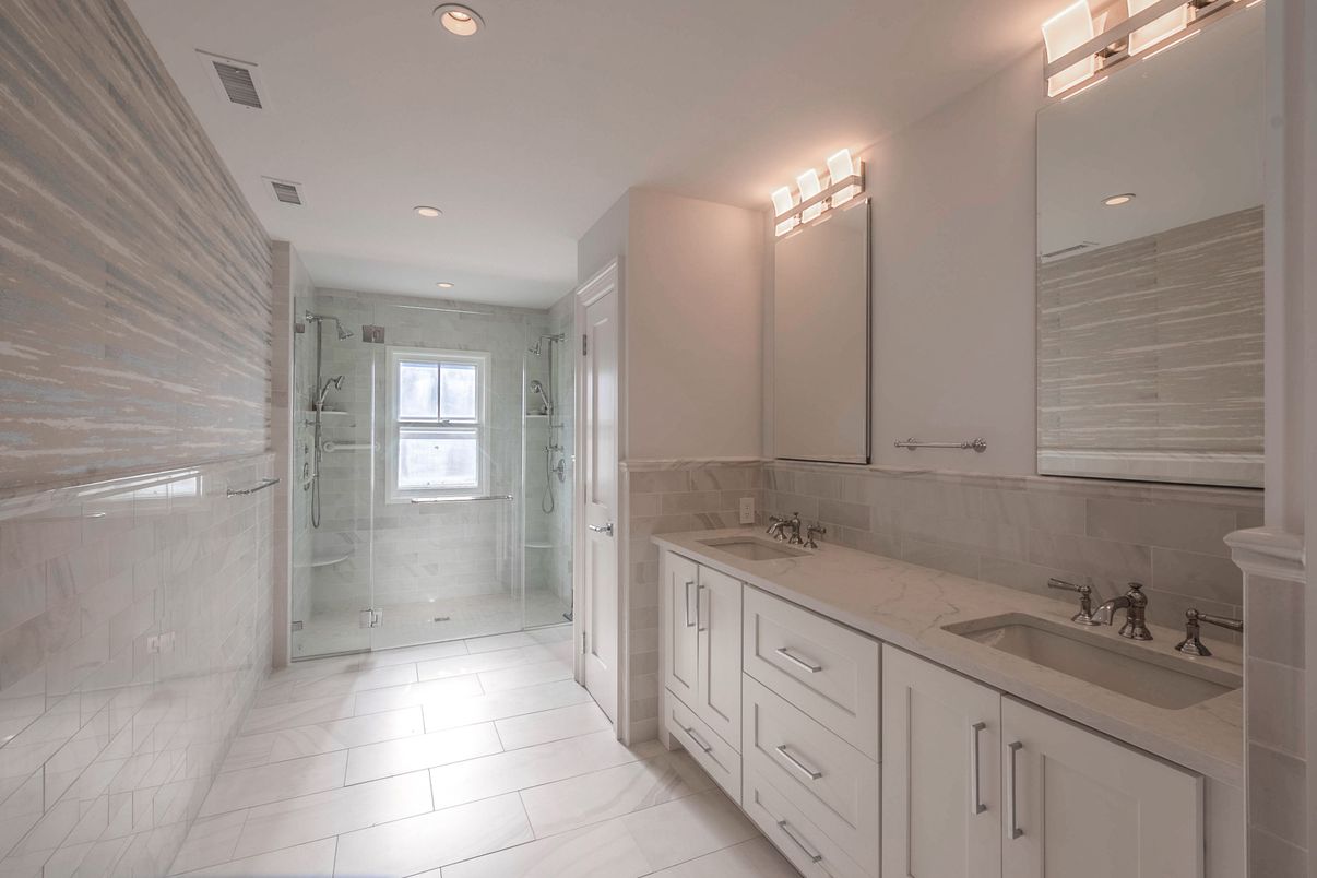 Bathroom, Dual Sink Vanities, Glass Shower, Interior, Marble, Recessed Lighting