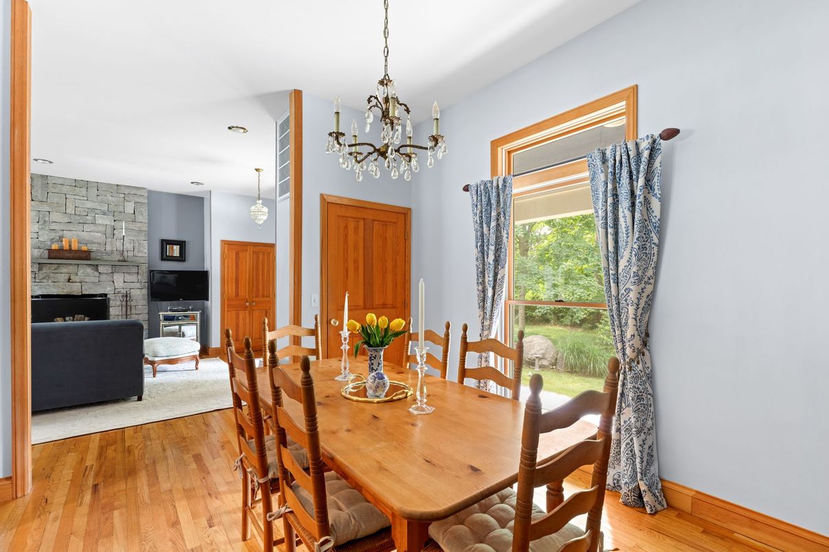 Chandelier, Dining room, Fireplace, Interior, Living room, Pendant Lights, Stone Walls, Wood Texture Flooring