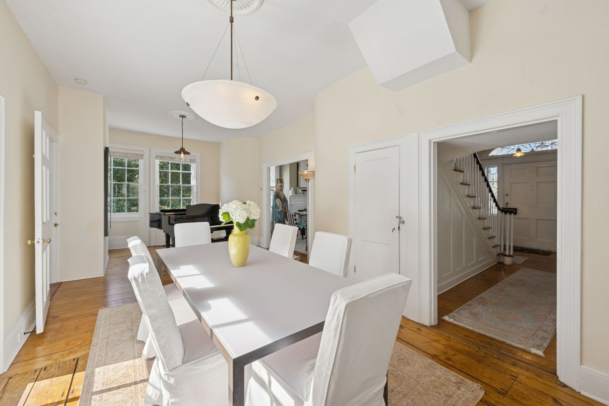 Dining room, Interior, Pendant Lights, Wood Texture Flooring