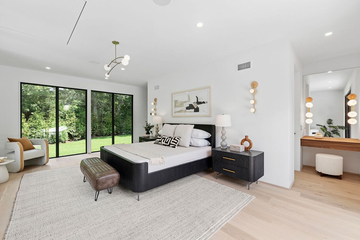 Bedroom, Interior, Pendant Lights, Recessed Lighting, Wood Texture Flooring