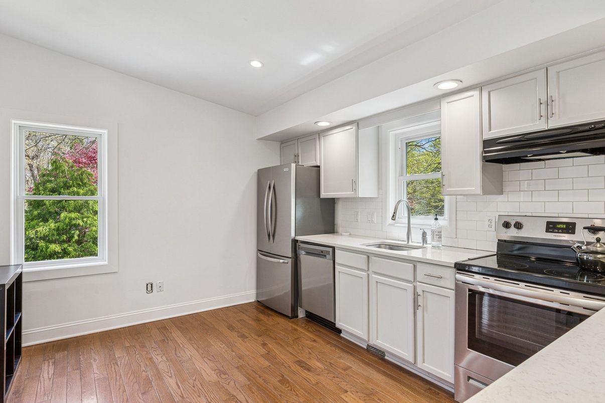 Interior, Kitchen, Recessed Lighting, Stainless Steel Appliances, Wood Texture Flooring