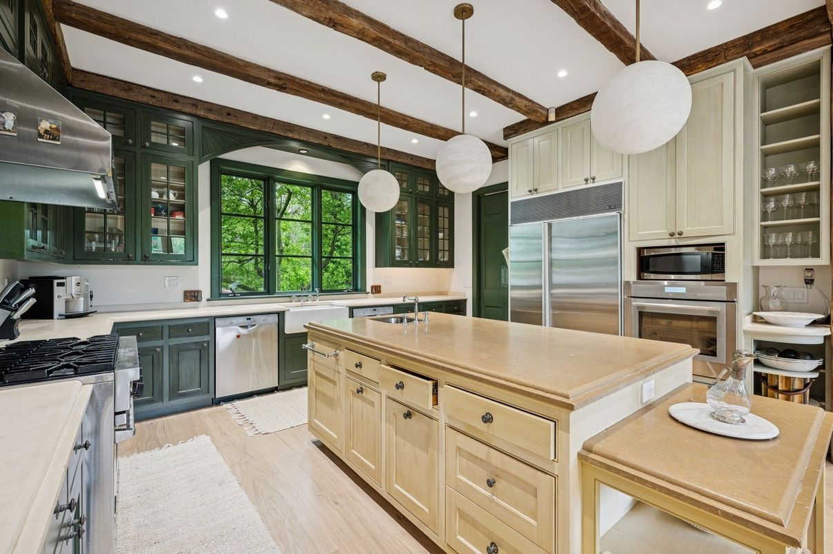 Interior, Kitchen, Pendant Lights, Recessed Lighting, Stainless Steel Appliances, Wooden Beams, Wood Texture Flooring