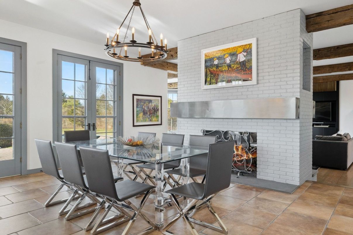 Chandelier, Dining room, Fireplace, Interior, Stone Walls, Wooden Beams
