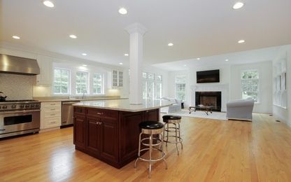 Fireplace, Interior, Kitchen, Recessed Lighting, Stainless Steel Appliances, Wood Texture Flooring
