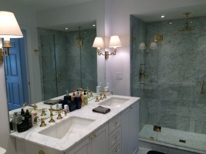 Bathroom, Dual Sink Vanities, Glass Shower, Interior, Marble Walls, Recessed Lighting
