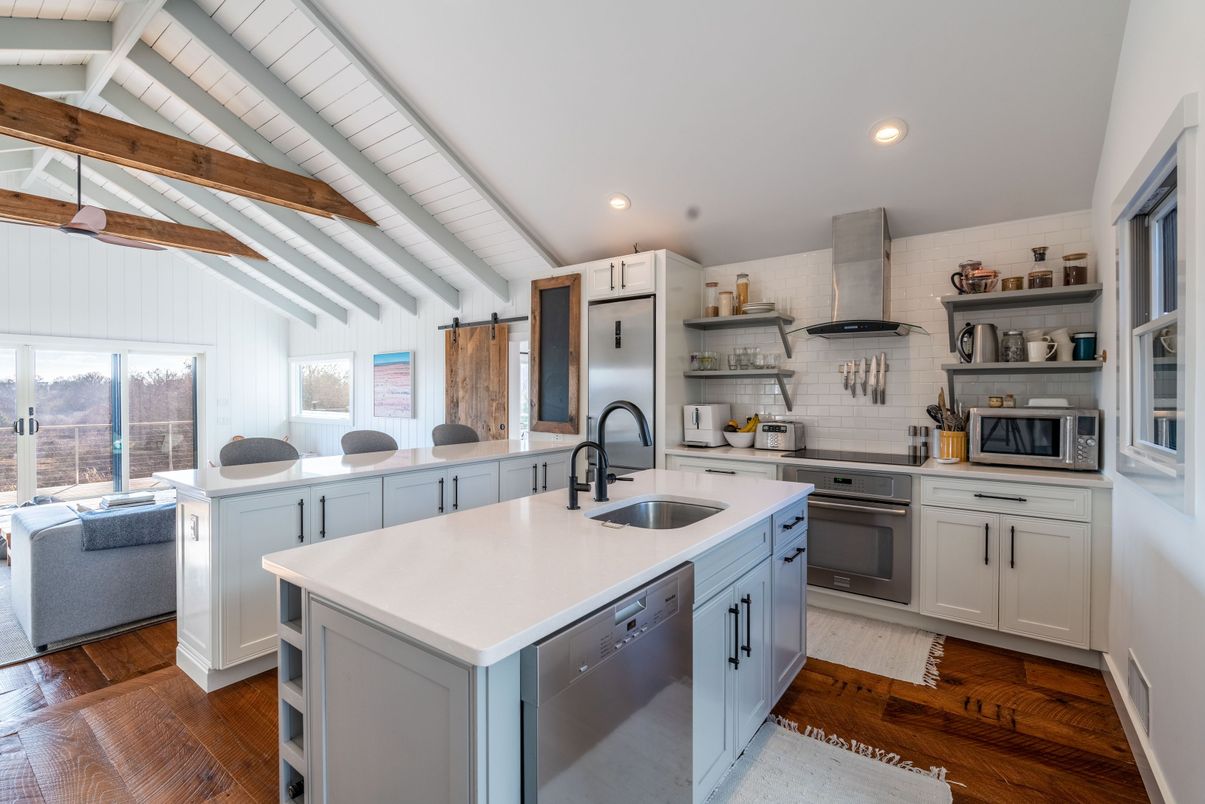 Interior, Kitchen, Recessed Lighting, Stainless Steel Appliances, Wooden Beams, Wood Texture Flooring