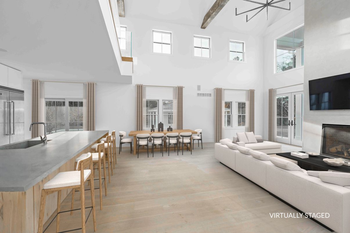 Dining room, Fireplace, Interior, Living room, Wooden Beams, Wood Texture Flooring