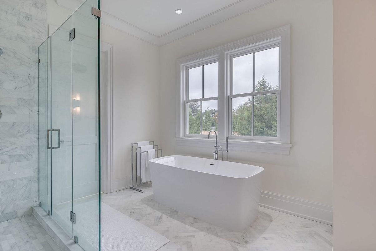 Bathroom, Free Standing Baths, Glass Shower, Interior, Marble, Marble Walls, Recessed Lighting