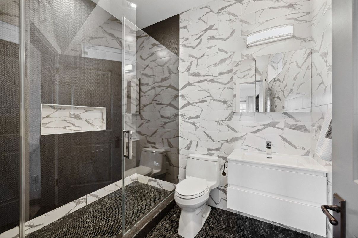 Bathroom, Glass Shower, Interior, Marble Walls, Recessed Lighting