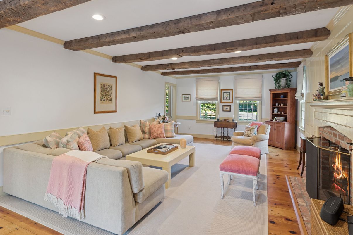 Fireplace, Interior, Living room, Recessed Lighting, Wooden Beams, Wood Texture Flooring