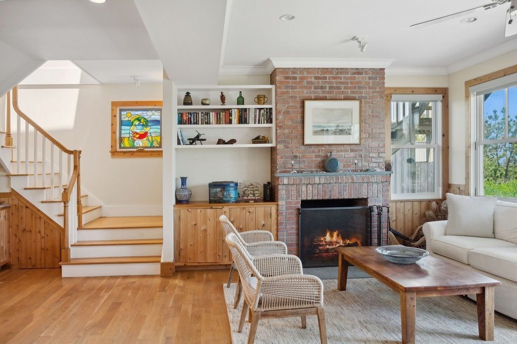 Fireplace, Interior, Living room, Recessed Lighting, Stone Walls, Wood Texture Flooring