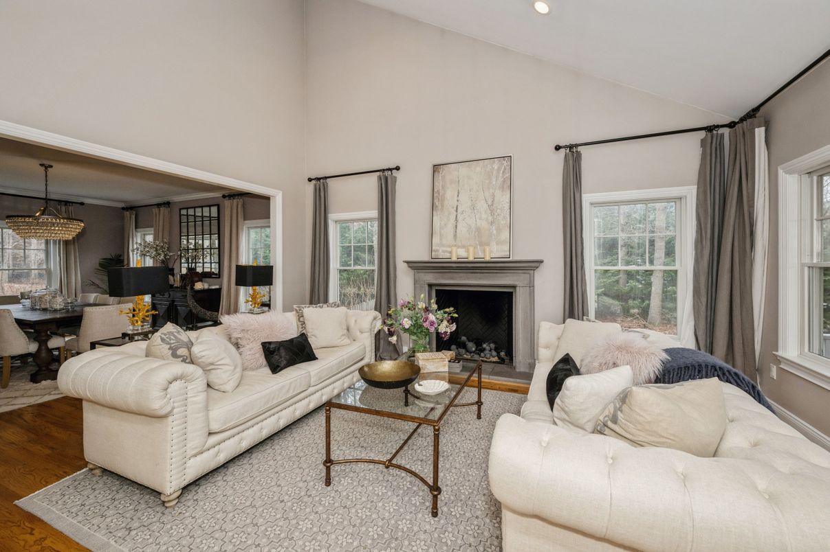 Dining room, Fireplace, Interior, Living room, Pendant Lights, Recessed Lighting, Wood Texture Flooring