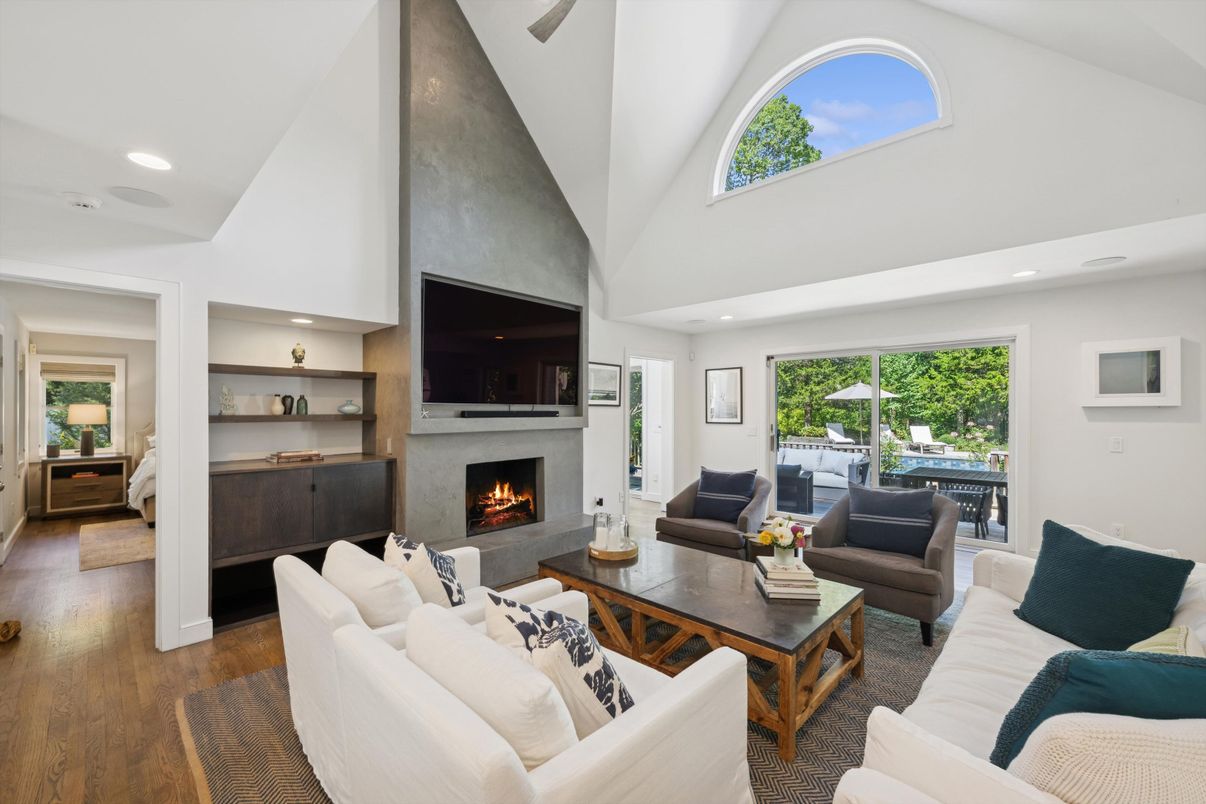 Fireplace, Interior, Living room, Recessed Lighting, Wood Texture Flooring