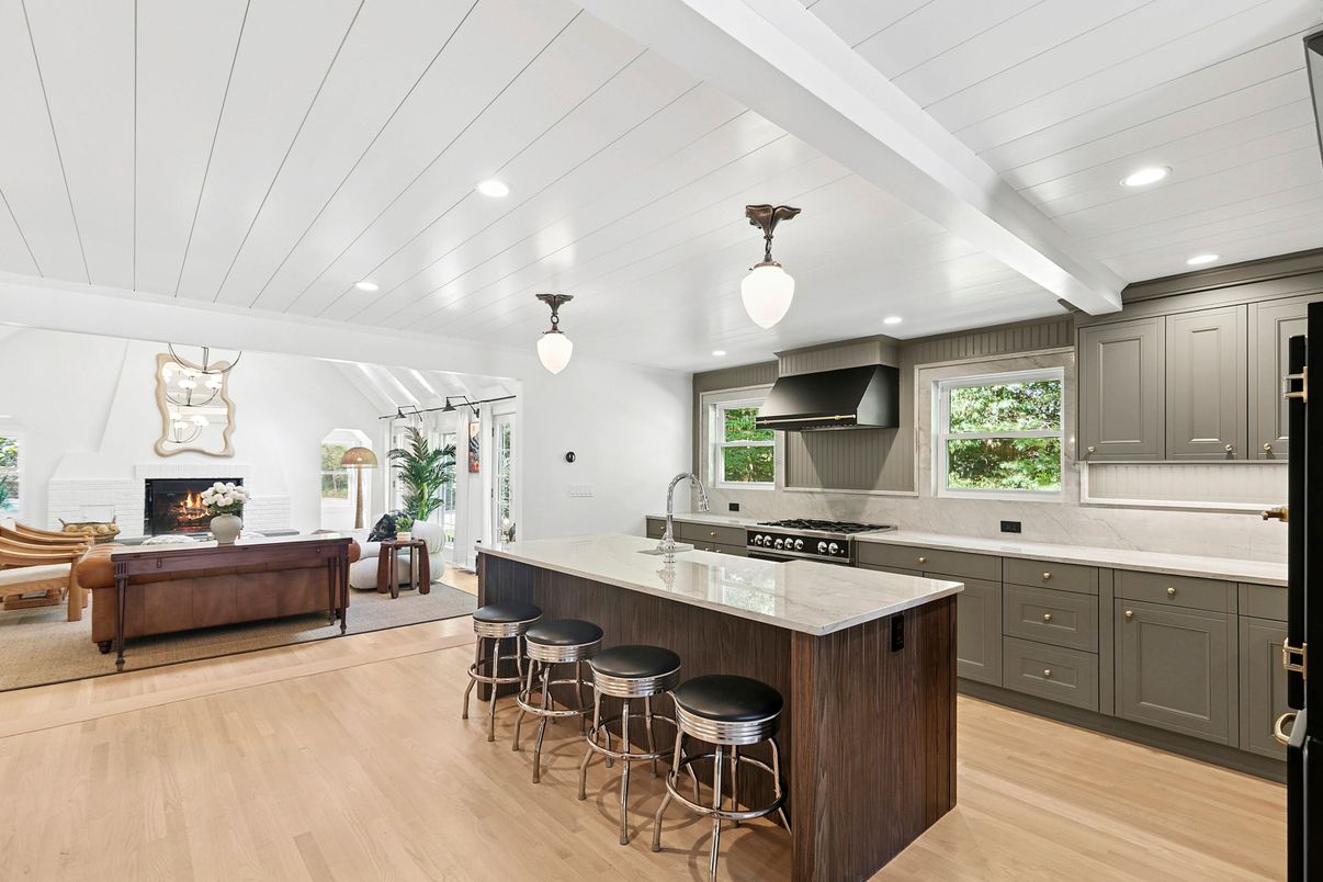 Fireplace, Interior, Kitchen, Living room, Pendant Lights, Recessed Lighting, Wood Texture Flooring