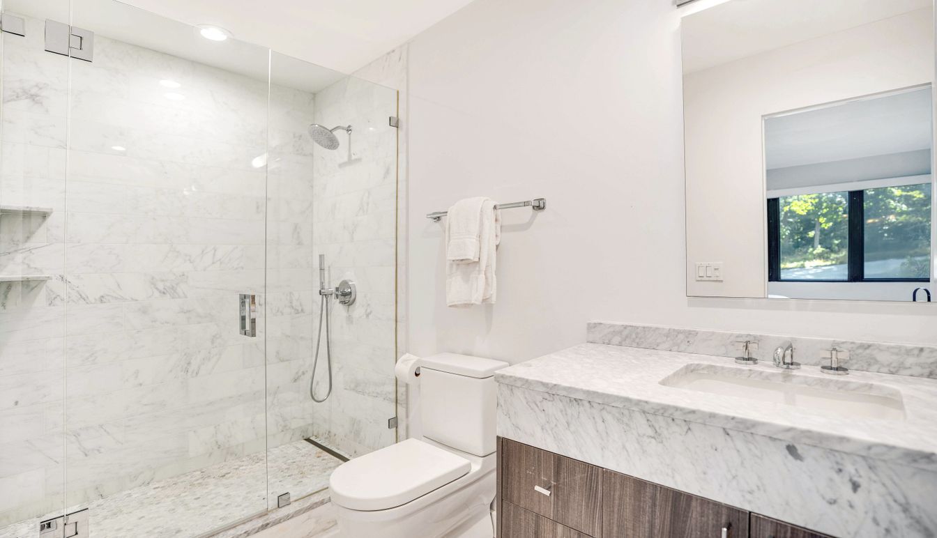 Bathroom, Glass Shower, Interior, Marble Walls, Recessed Lighting