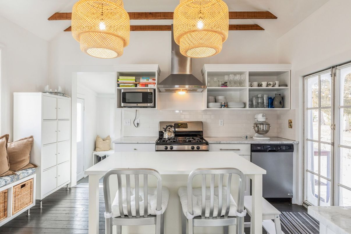 Chandelier, Interior, Kitchen, Stainless Steel Appliances, Wooden Beams, Wood Texture Flooring