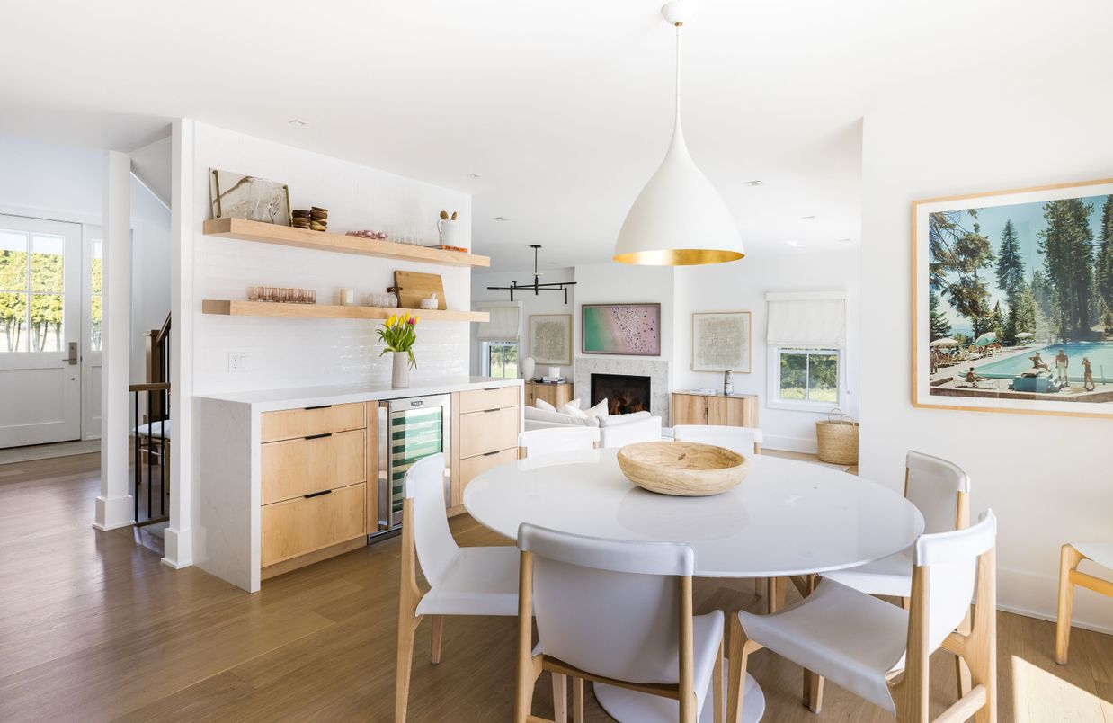 Dining room, Fireplace, Interior, Pendant Lights, Recessed Lighting, Wood Texture Flooring