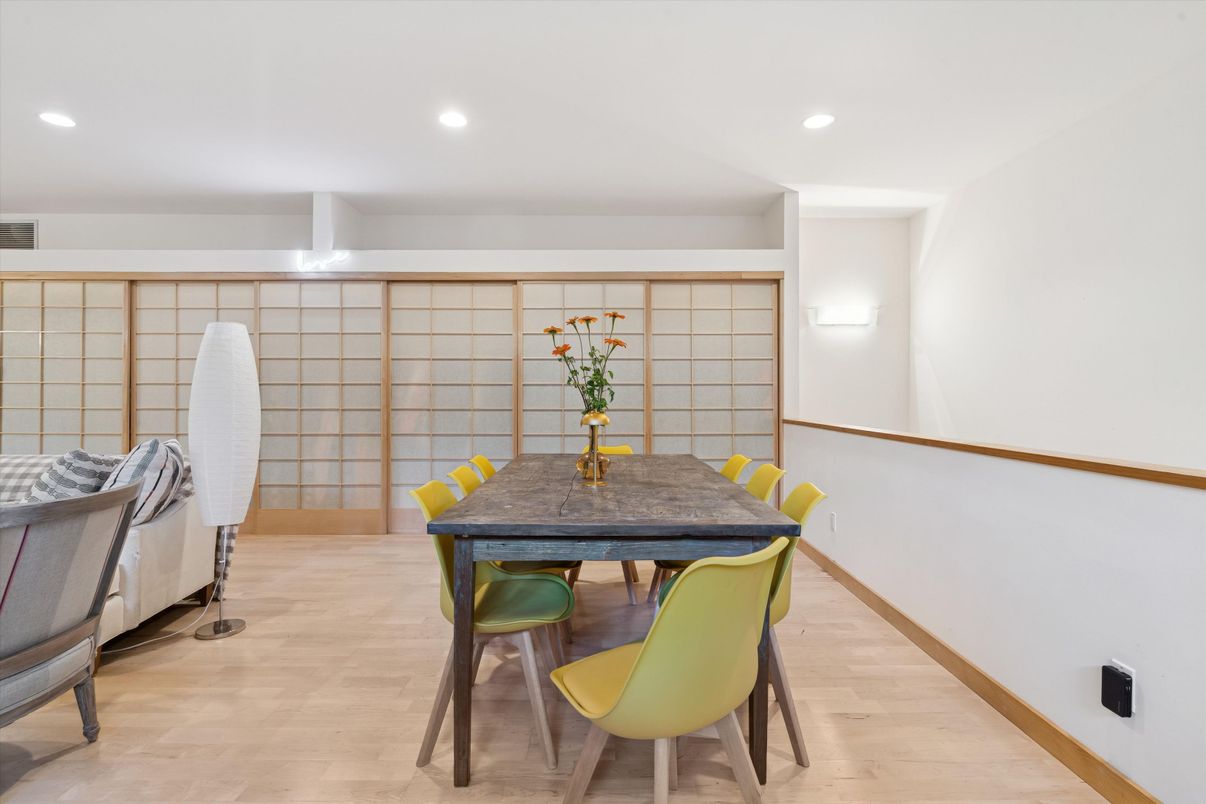 Dining room, Interior, Recessed Lighting, Wood Texture Flooring