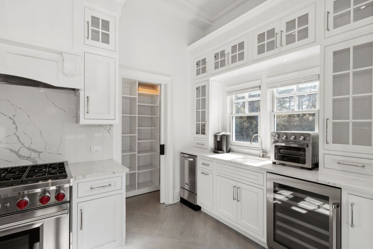 Interior, Kitchen, Marble Walls, Stainless Steel Appliances, Wood Texture Flooring