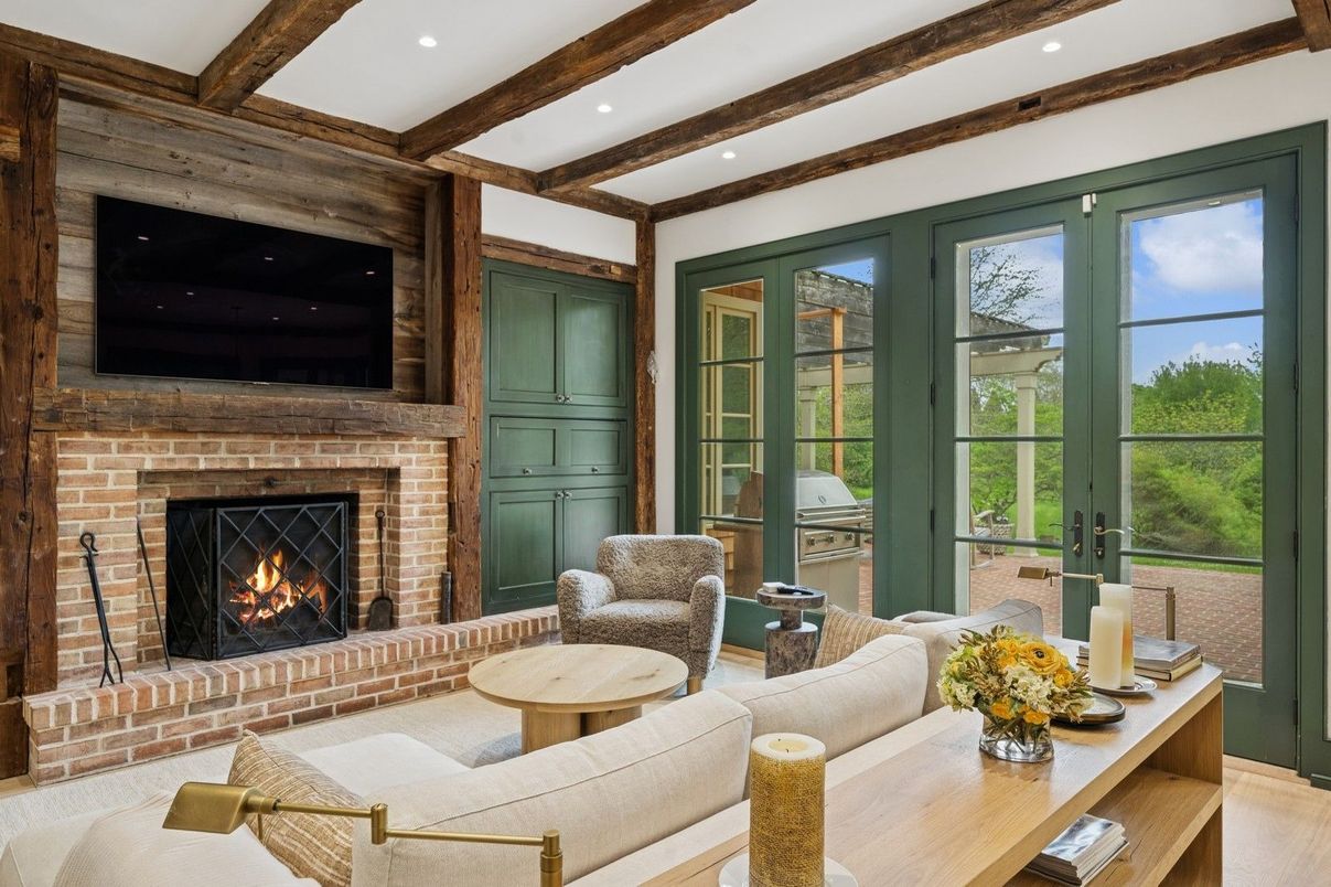 Fireplace, Interior, Living room, Recessed Lighting, Wooden Beams
