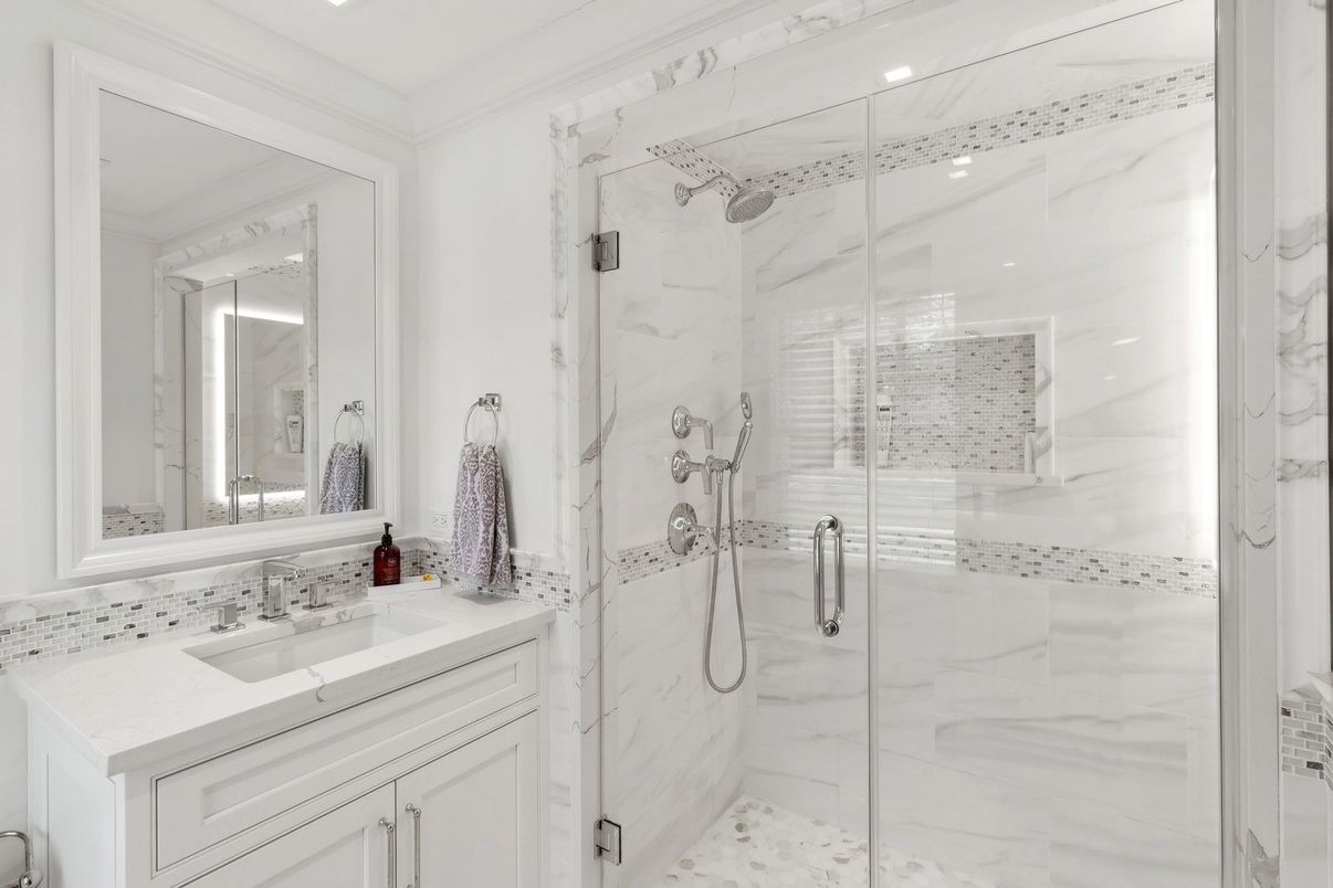 Bathroom, Glass Shower, Interior, Marble Walls, Recessed Lighting