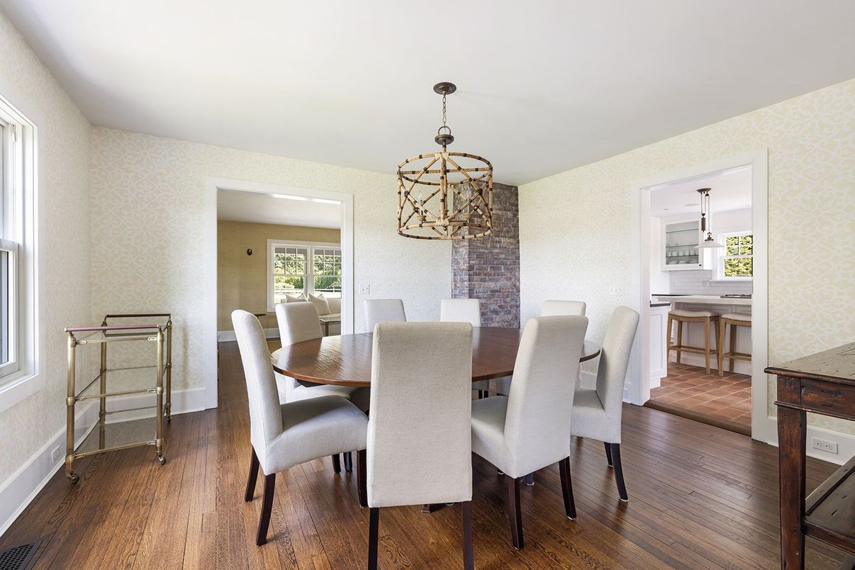 Dining room, Interior, Pendant Lights, Wood Texture Flooring