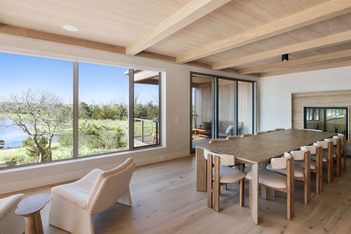 Dining room, Interior, Recessed Lighting, Wooden Beams, Wooden Ceilings, Wood Texture Flooring