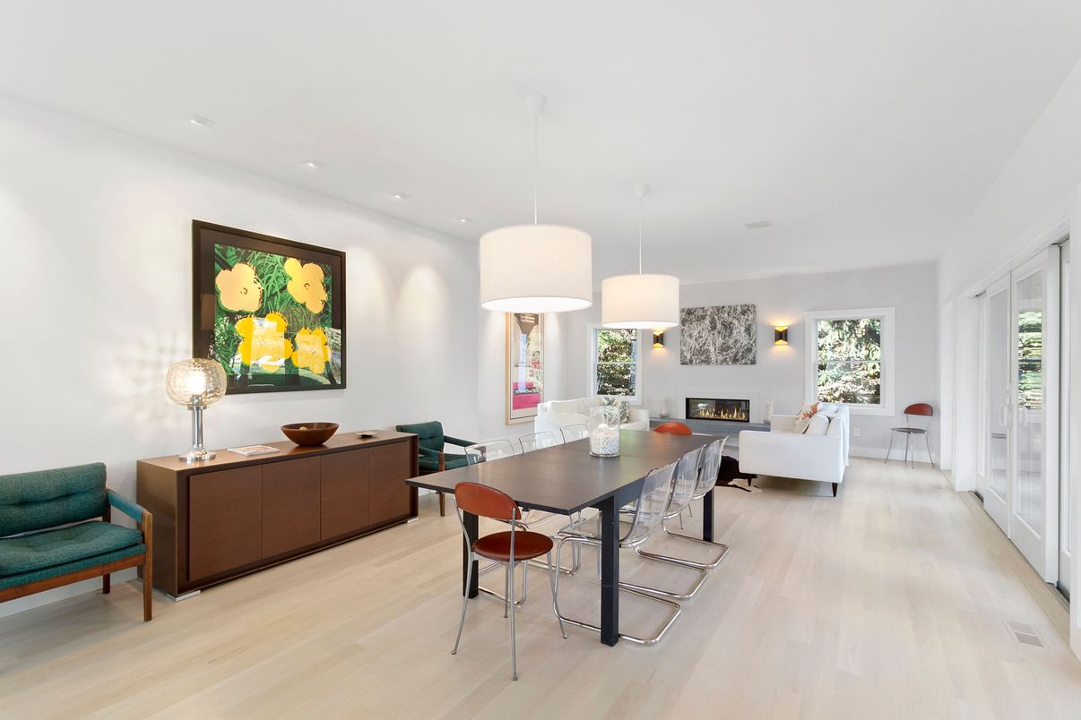 Dining room, Fireplace, Interior, Living room, Pendant Lights, Recessed Lighting, Wood Texture Flooring