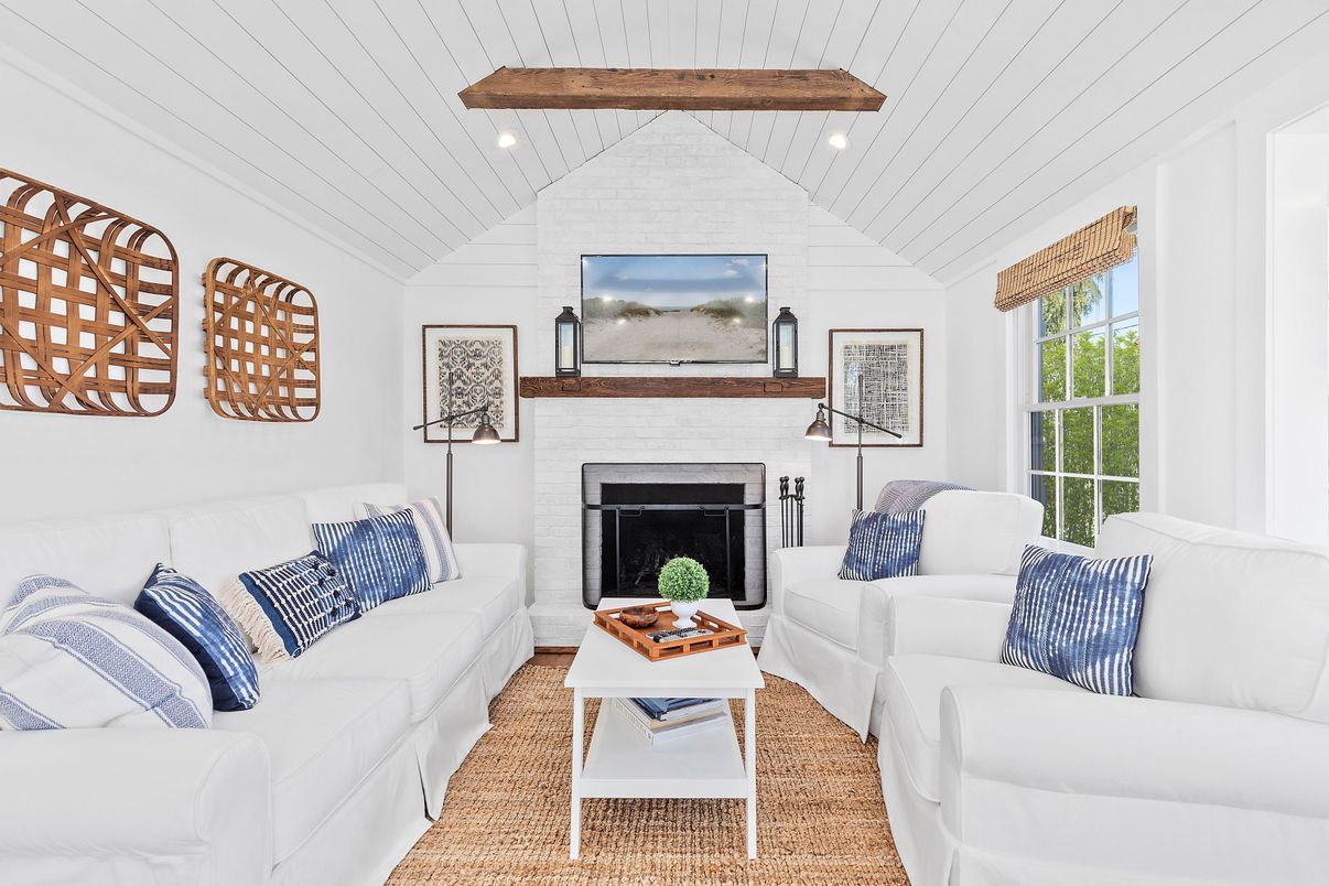 Fireplace, Interior, Living room, Recessed Lighting, Wooden Beams