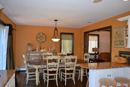 Dining room, Fireplace, Interior, Pendant Lights, Recessed Lighting, Wood Texture Flooring