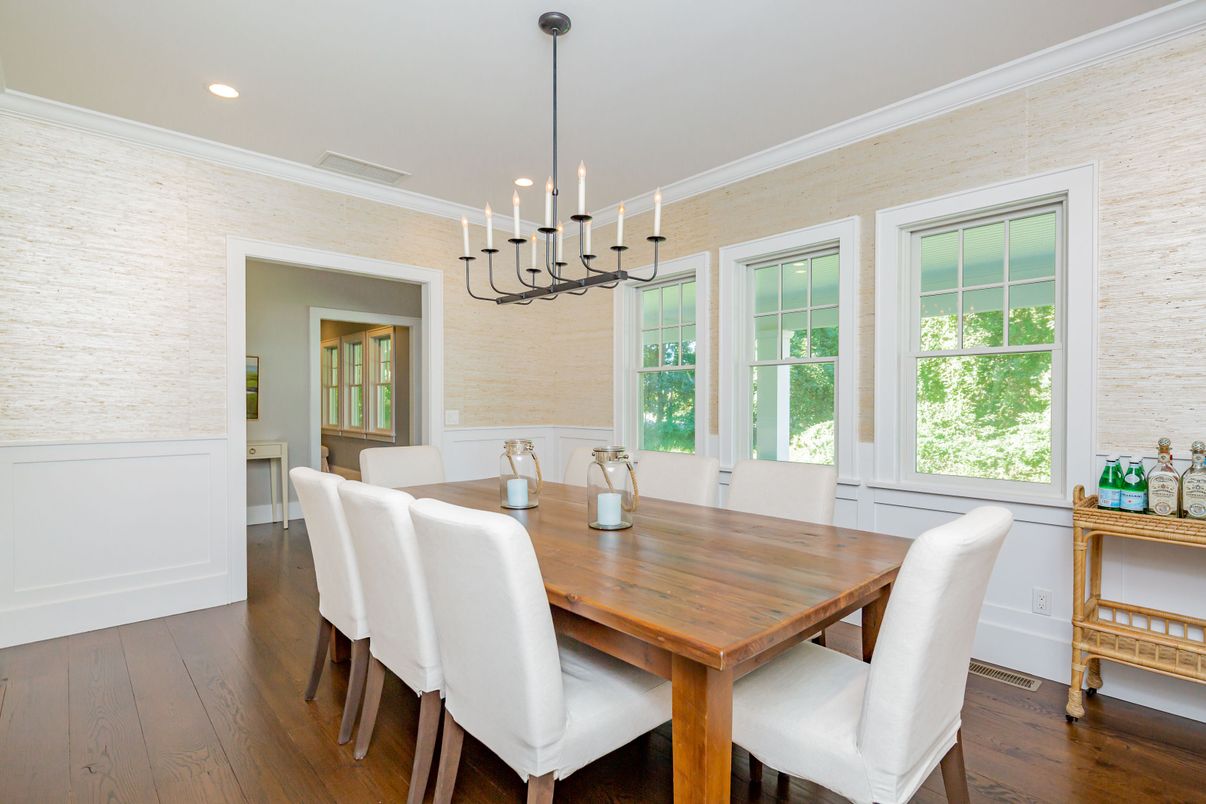 Dining room, Interior, Pendant Lights, Recessed Lighting, Wood Texture Flooring