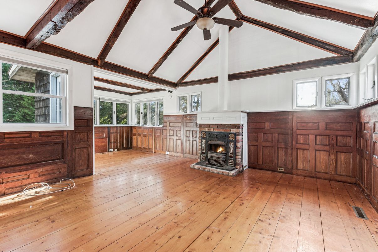 Empty room, Fireplace, Interior, Wooden Beams, Wood Texture Flooring, Wooden Walls
