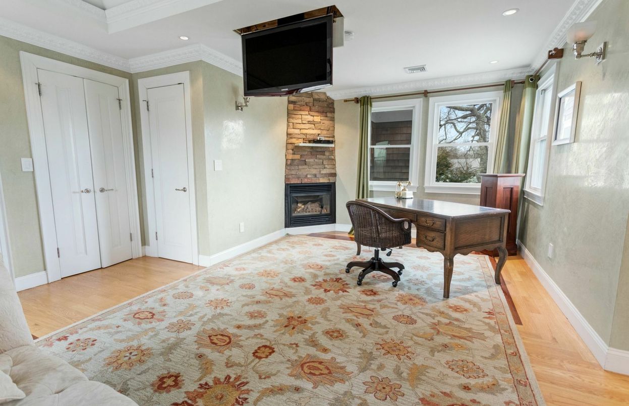 Fireplace, Home Office, Interior, Recessed Lighting, Wood Texture Flooring