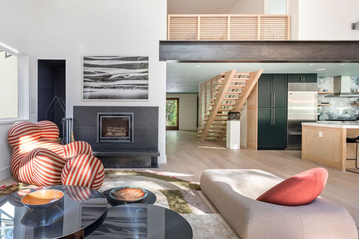 Fireplace, Interior, Kitchen, Living room, Recessed Lighting, Stainless Steel Appliances, Wood Texture Flooring