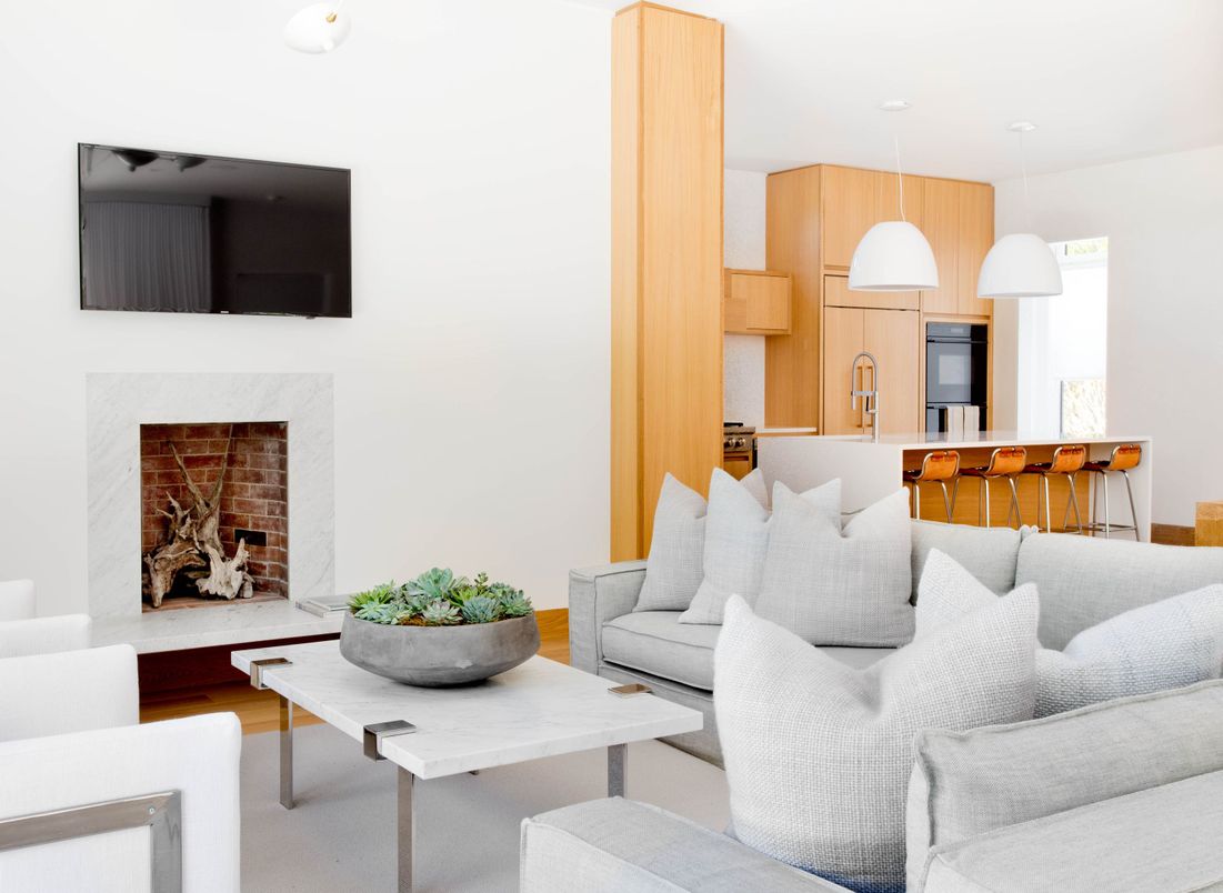 Fireplace, Interior, Kitchen, Living room, Pendant Lights, Recessed Lighting